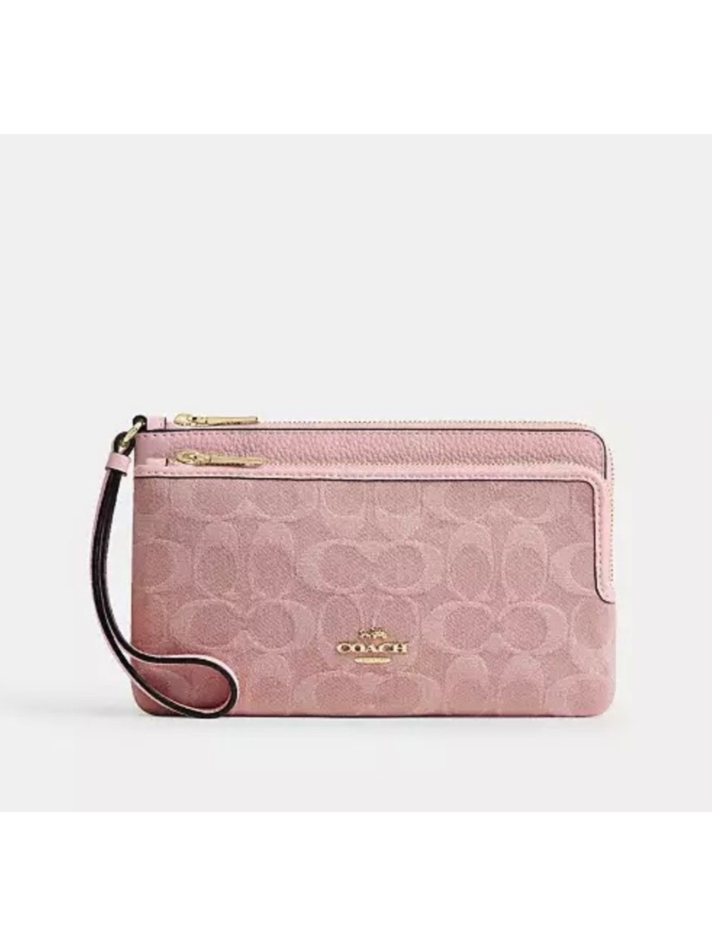 Coach Denim Double Zip Wristlet Pink Signature Jacquard Phone Wallet